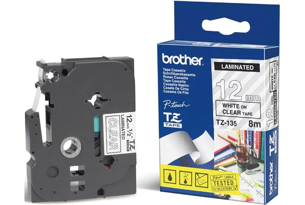 Brother P-touch 12mm TZ-135 Laminated Tape 8m White on Clear