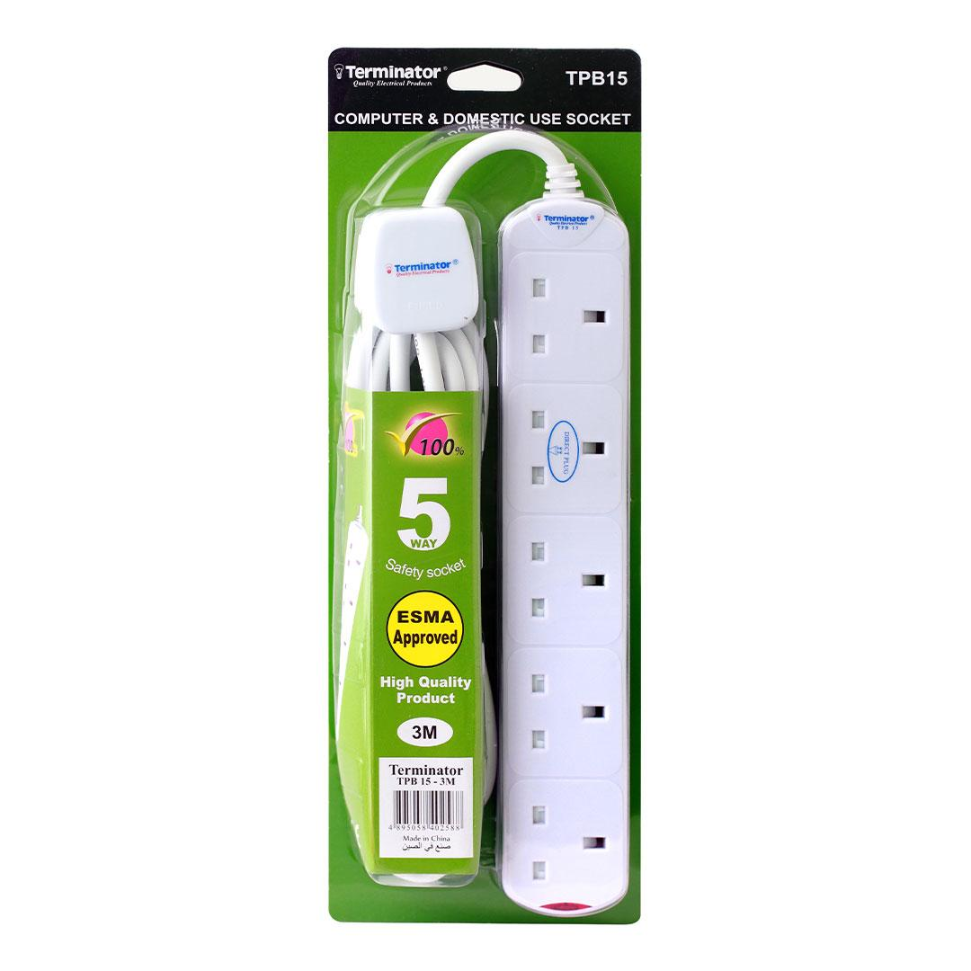 5 Way UK Power Extension Socket 3M Cable 13A