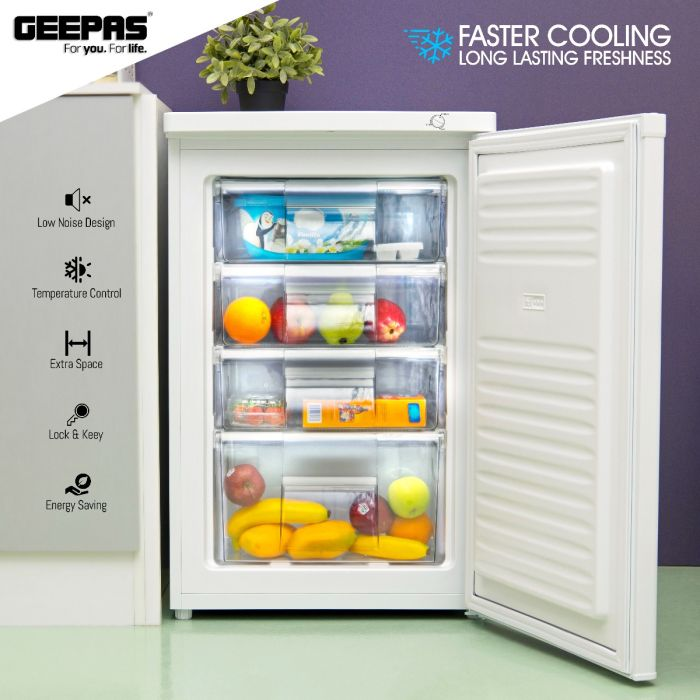 Geepas GRFU1206 Upright Freezer- No Fan, Portable 3 Star 4 Crystal Freezer Drawer, Compact Recessed Handle & Adjustable Thermostat | Ideal For Retailers, Home, Bachelor's, Medical Shops & More