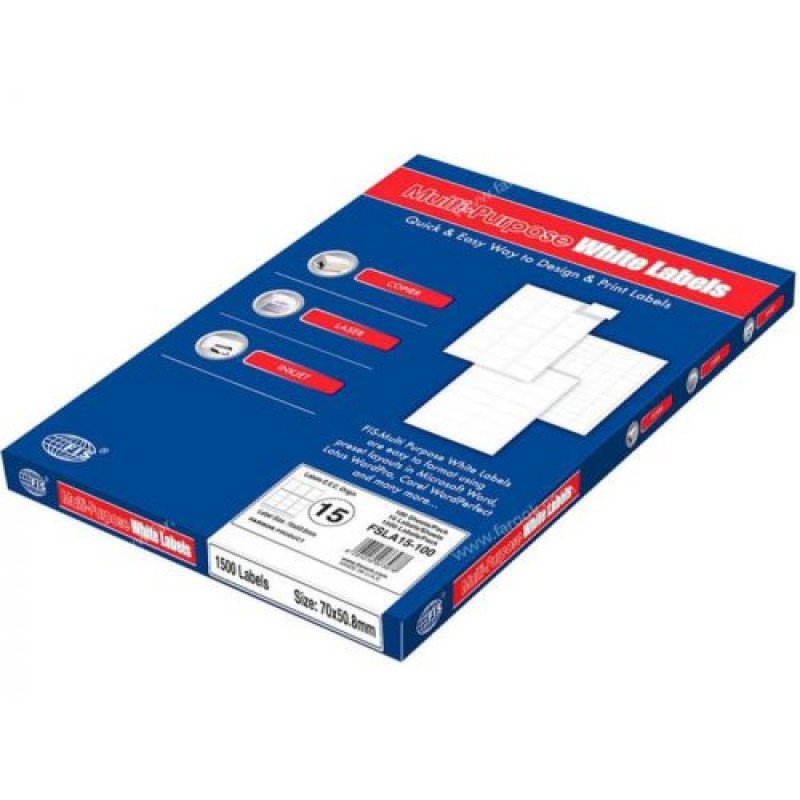 FIS Multipurpose Laser Labels, Colour White, Size 70X50.8MM, (15 Sticker x 100 Sheet) A4 Size, E.U. Origin Material - FSLA15-100