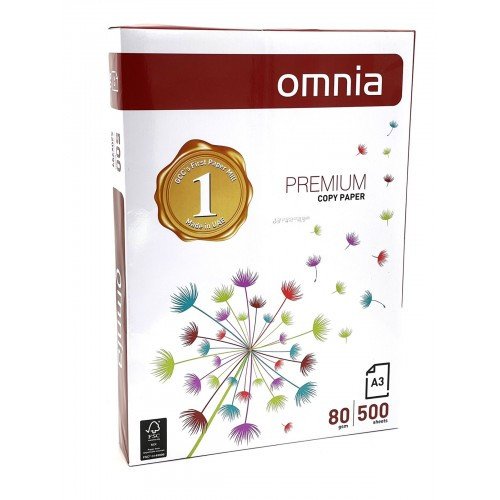 Omnia Printer Copy Paper, Size A3, GSM 80, 500 Pages Ream (Bundle of 5 Reams)