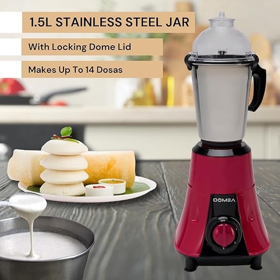 DOMEA Mixer Grinder, 550 Watts, Stainless Steel, 2 Jars, 3 Speed + Pulse, 1.5L Liquid Jar, 400ml Chutney Jar
