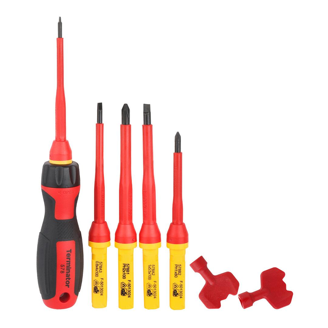 Terminator Screwdriver Set VDE Insulated 1000V 8 Pcs. 3 pcs Slotted, 2 pcs Phillips, 1 each pc of Screwdriver Handle, Triangle Lock & Square Lock Key