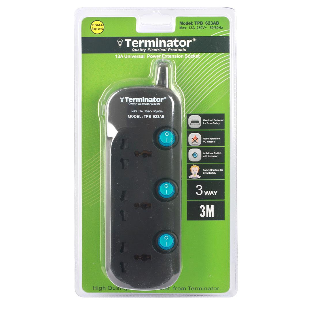 3 Way Universal Power Extension Socket 3X1.25MM2 Black Body & Blue Switch 3M Cable 13A Plug