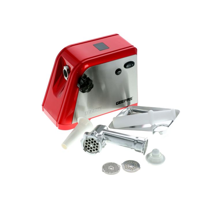 Geepas 1600W Electric Meat Grinder - Reverse Function Aluminum Gearbox Metal Gears, 3 Metal Stainless Steel Cutting Plates, Accessories, Metal Gears, Stainless Steel Blade - 2 Years Warranty