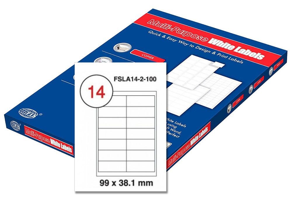 FIS Multipurpose Laser Labels, Colour White, Size 99X38.1MM, (14 Sticker x 100 Sheet) A4 Size, E.U. Origin Material - FSLA14-2-100