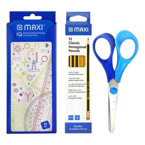 Maxi Scissors With 12 Classic Hexagonal Graphite Pencils, IQ Mathematical Drawing Instrument Box 10 PCS