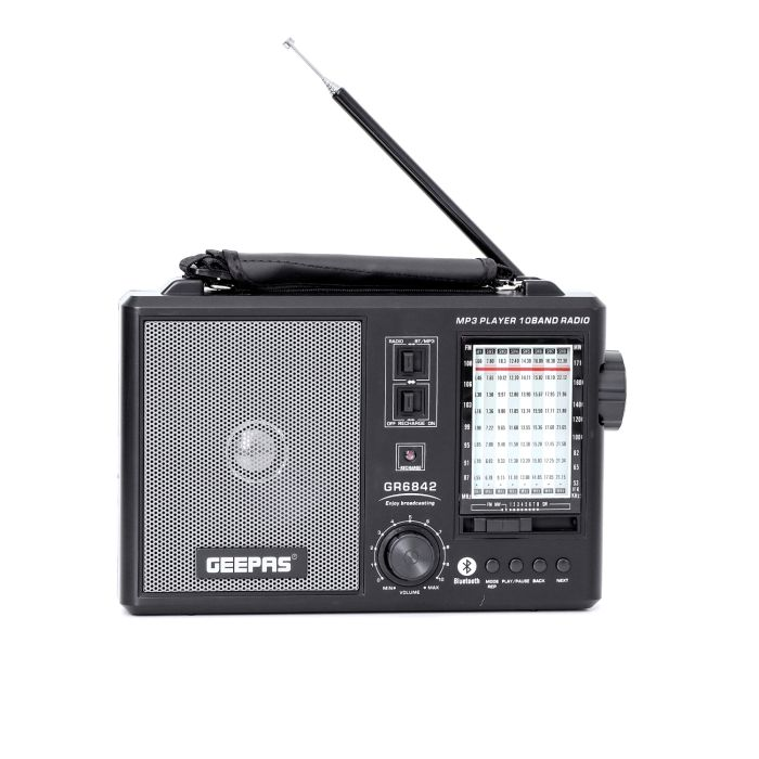 Geepas GR6842 Rechargeable Radio - BT/USB/SD /TF Music Player | Bluetooth Speaker | Lightweight Portable FM Radio | 10 Band Radio | Stylish Retro Design
