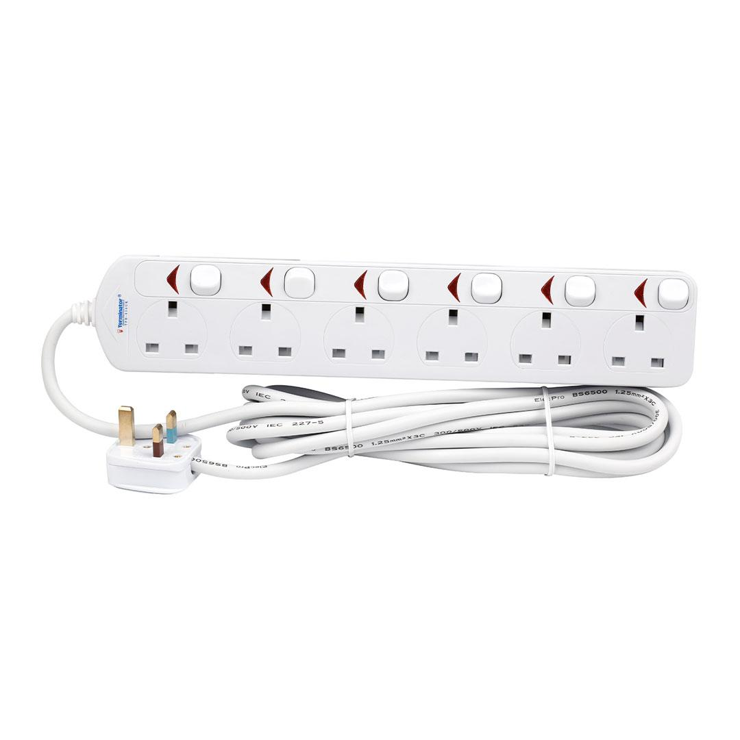 6 Way UK Power Extension Socket With Individual Switches 5M 1.25mm2 Cable 13A Plug
