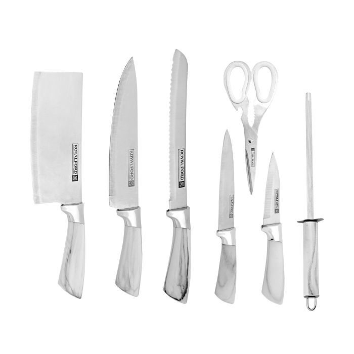 Royalford RF9665 8 PCS Kitchen Knife Set With Rotating Knife Block - Stainless Steel 5 Kitchen Knives Along With Scissor, Knife Sharpener & Holder Block - Multifunctional Knife Block Set - Cutlery Sta