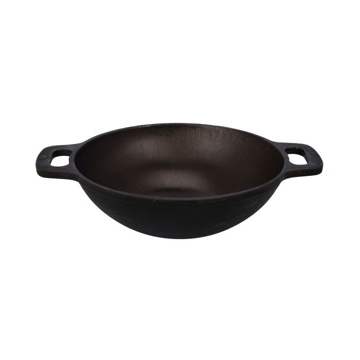 10inch Cast Iron Double Handle Kadai, RF10399 | Heavy Duty Construction Cast Iron Grilling Wok | Concave & Shallow Wok For Sautees & Stir Frys With Wide Handles