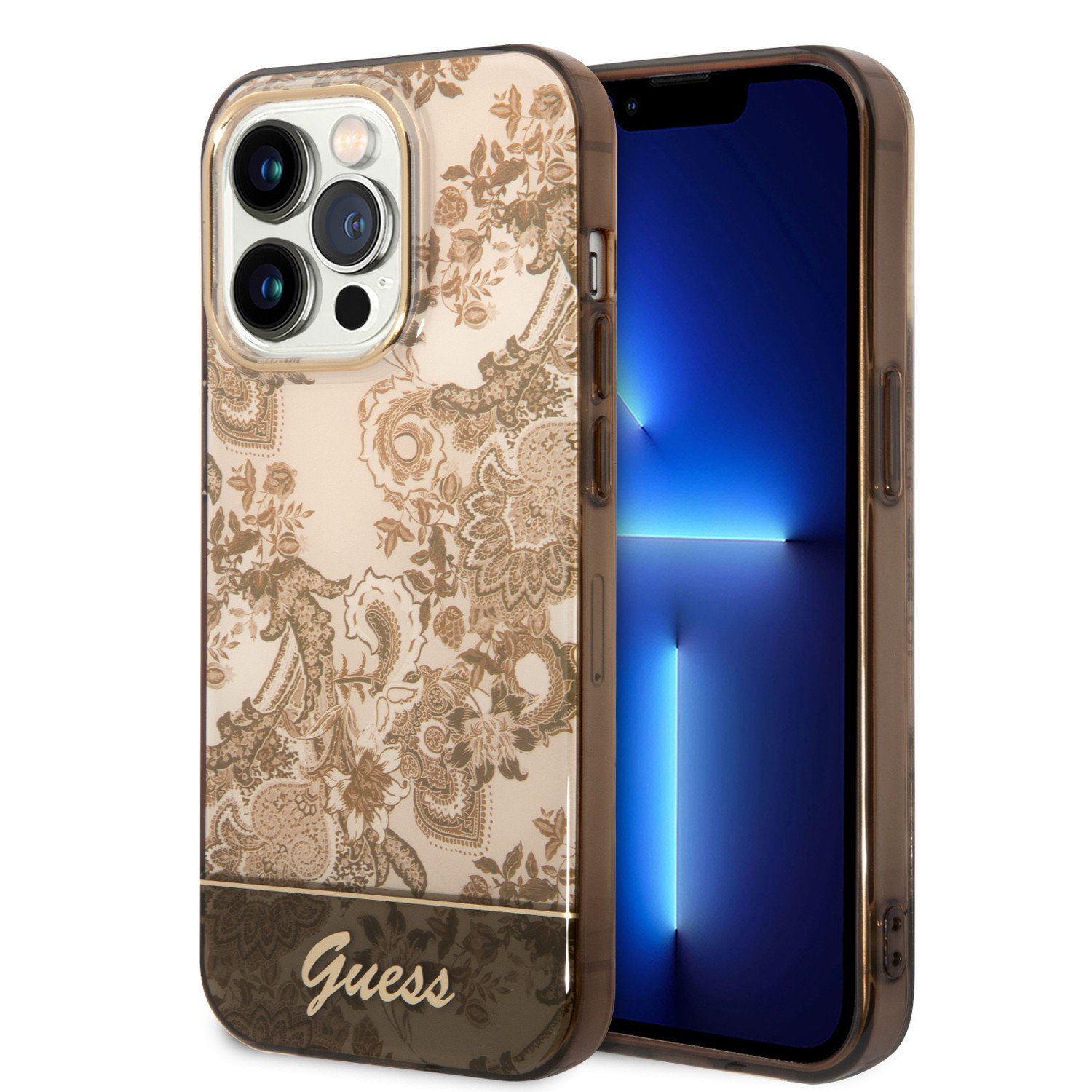 Guess PC/TPU IML Case With Double Layer Electroplated Camera Outline & Toile De Jouy For iPhone 14 Pro - Ochre