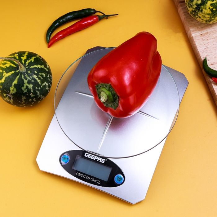Geepas Digital Kitchen Weighing Scales | Multifunction Weight Scale With High Accuracy Digital Display Top Panel | LCD Displays With Tare Function | Ultra Slim Design, 11lb/5kg, Silver - 2 Years Warra