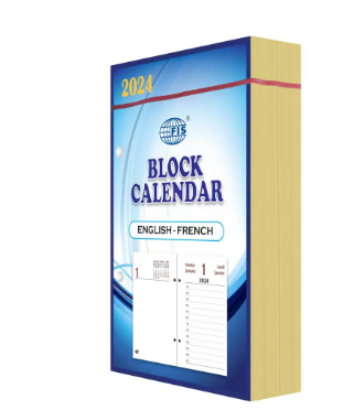 FIS 2024 Block Calendar, Arabic & English, 1 Day Per Sheet , Gold Gilded Edges, 60 GSM White Paper - FSBCAEG24