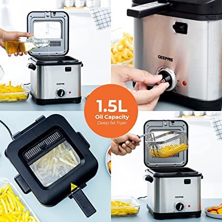 Geepas GDF36012UK 900W Deep Fat Fryer, 1.5 Liter Capacity, Silver/Black