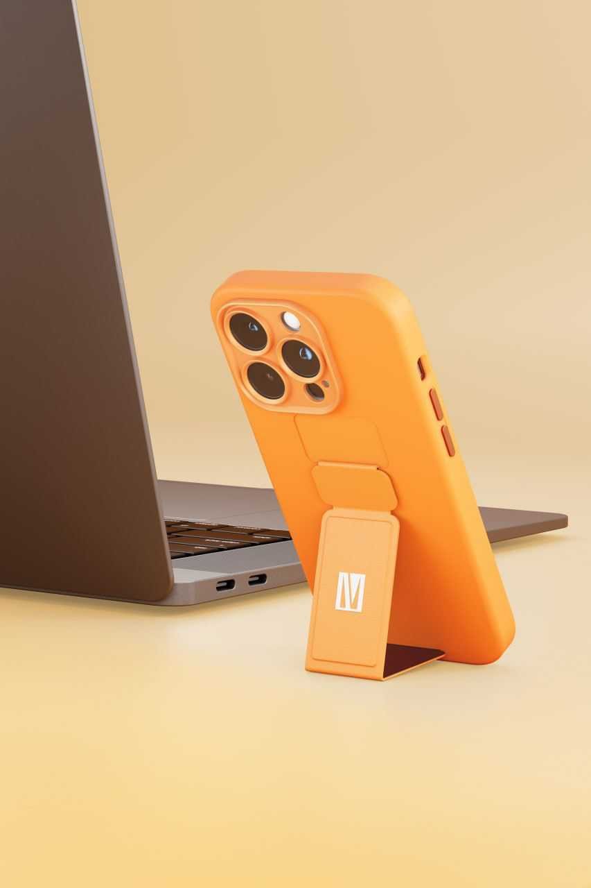 Levelo Morphix Silicone Case with Leather Grip Stand for iPhone 14 Pro Max - Orange
