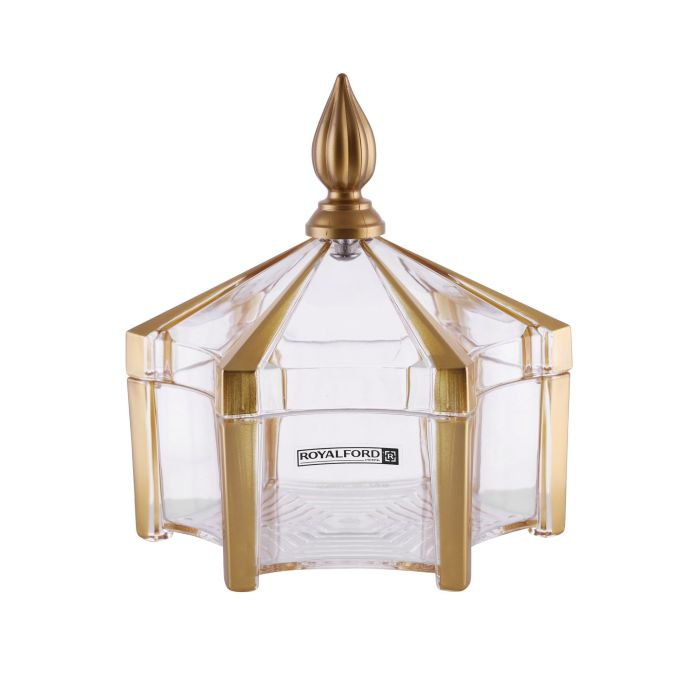 Royalford RF9523 14x14 Cm Acrylic Round Candy Bowl With Lid - Portable Candy Sweet Jar Covered Lid With Gold Finished Corners | Freezer & Dishwasher Safe | Ideal For Chocolates, Candy, Cookies & More