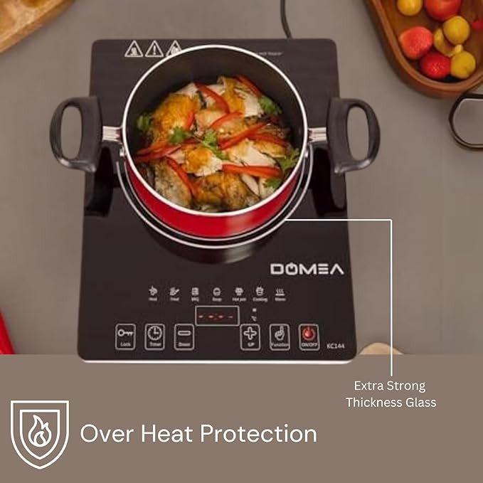 DOMEA Infrared Cooktop, 1 Burner With 7 Preset Fuctions | A-Grade Micro Crystal Panel With Easy Touch Digital Display, For Fast & Precise Cooking, All Cookwares, Child Safety Lock | 2000W Power