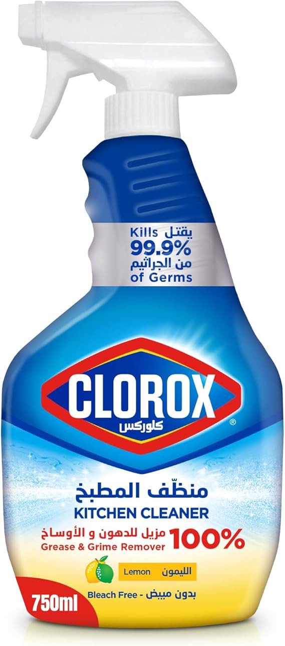 Clorox Kitchen Spray Cleaner Lemon, 750ml, Bleach Free, Kills 99.9% of Germs, 100% Grease and Grime Remover
