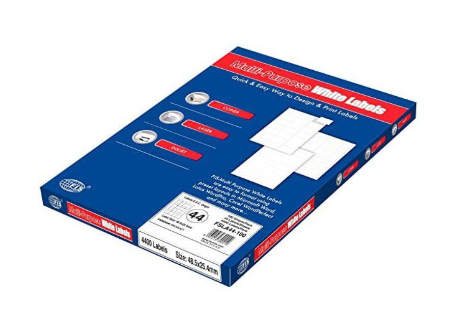 FIS Multipurpose Laser Labels, Colour White, Size 48.5X25.4MM, (44 Sticker x 100 Sheet) A4 Size, E.U. Origin Material - FSLA44-100