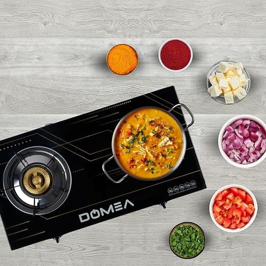 DOMEA Gas Burner With Auto Ignition, 2 Burners Stove, With Tempered Glass Top, Countertop Cooktop, Perfect For Home, Apartments, Camping, Large Events