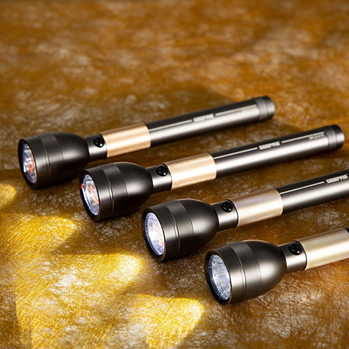 Geepas 4 In 1 Rechargeable Waterproff Family Pack LED Flashlight 1900 MAh - 330 Lumens Super Bright Light Rechargeable Flashlight| Aluminium Body, Water Proof, Highly Durable CREE LED Lights