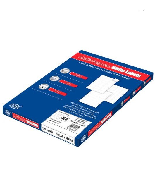 FIS Multipurpose Laser Labels, Colour White, Size 63.5X33.9MM, (24 Sticker x 100 Sheet) A4 Size, E.U. Origin Material - FSLA24-7-100
