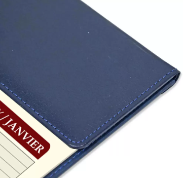 FIS Year Planner 2024 (English/French) with Vinyl Desk Blotter and Bonded Lether Flap, Blue - FSDKVIBLEF24BL