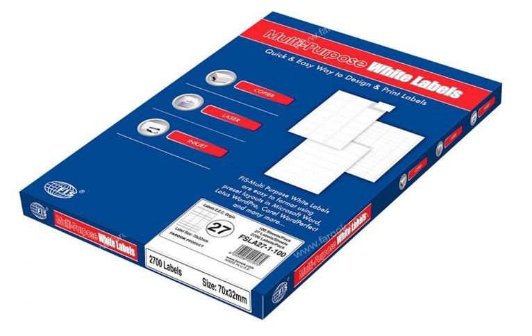 FIS Multipurpose Laser Labels, Colour White, Size 70X32MM, (27 Sticker x 100 Sheet) A4 Size, E.U. Origin Material - FSLA27-1-100
