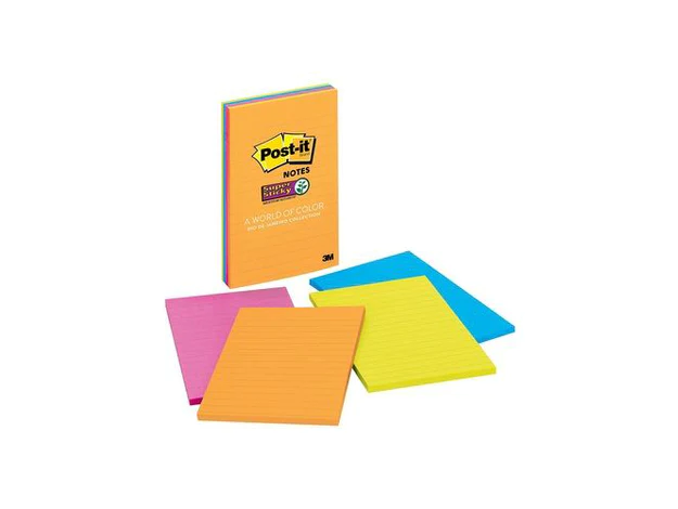3M Post-it Super Sticky Lined Notes Assorted Ultra Colors, 4 in x 6 in, 4 Pads/Pack