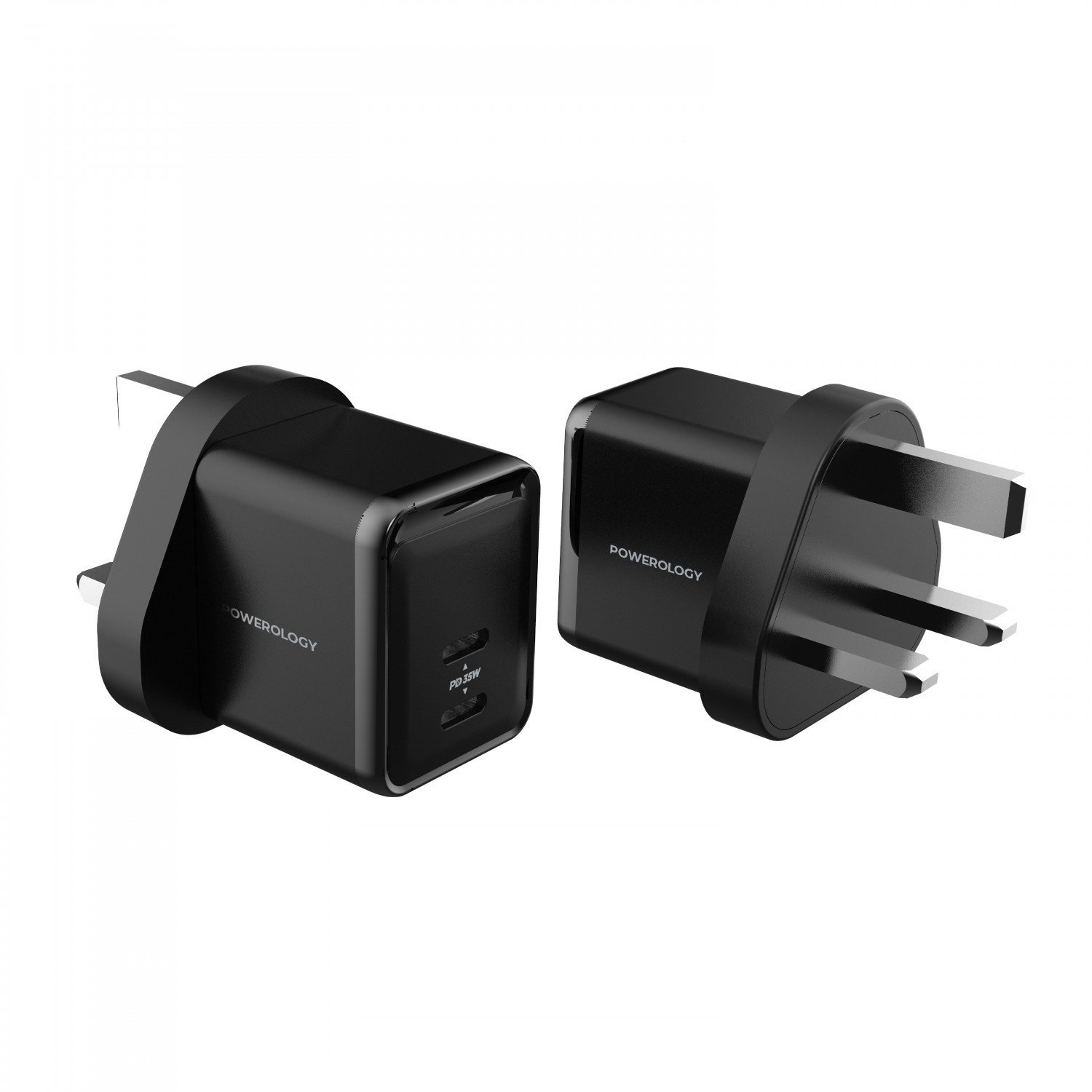 Powerology 35W GaN Charger With 2X PD Port With C To L Cable - Black