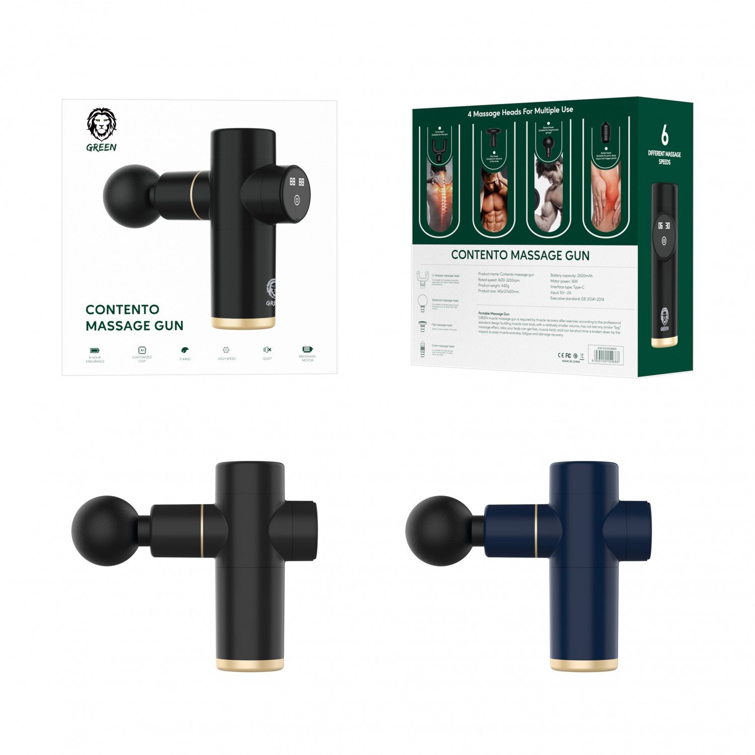 Green Contento Portable Massage Gun 2500mAh - Blue