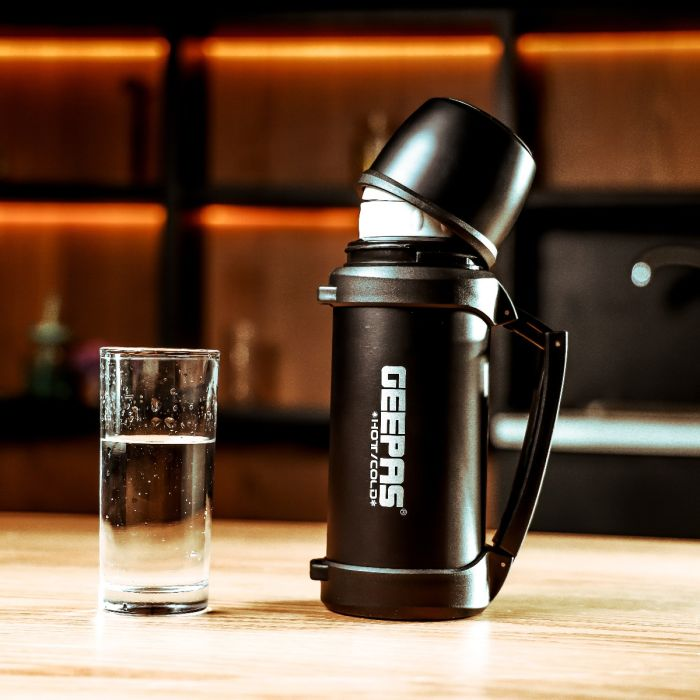 Geepas Vacuum Flask, 1.2L | Stainless Steel Vacuum Bottle Keep Hot & Cold Antibacterial Topper 7 Cup - Perfect For Outdoor Sports, Fitness, Camping, Hiking, Office, School