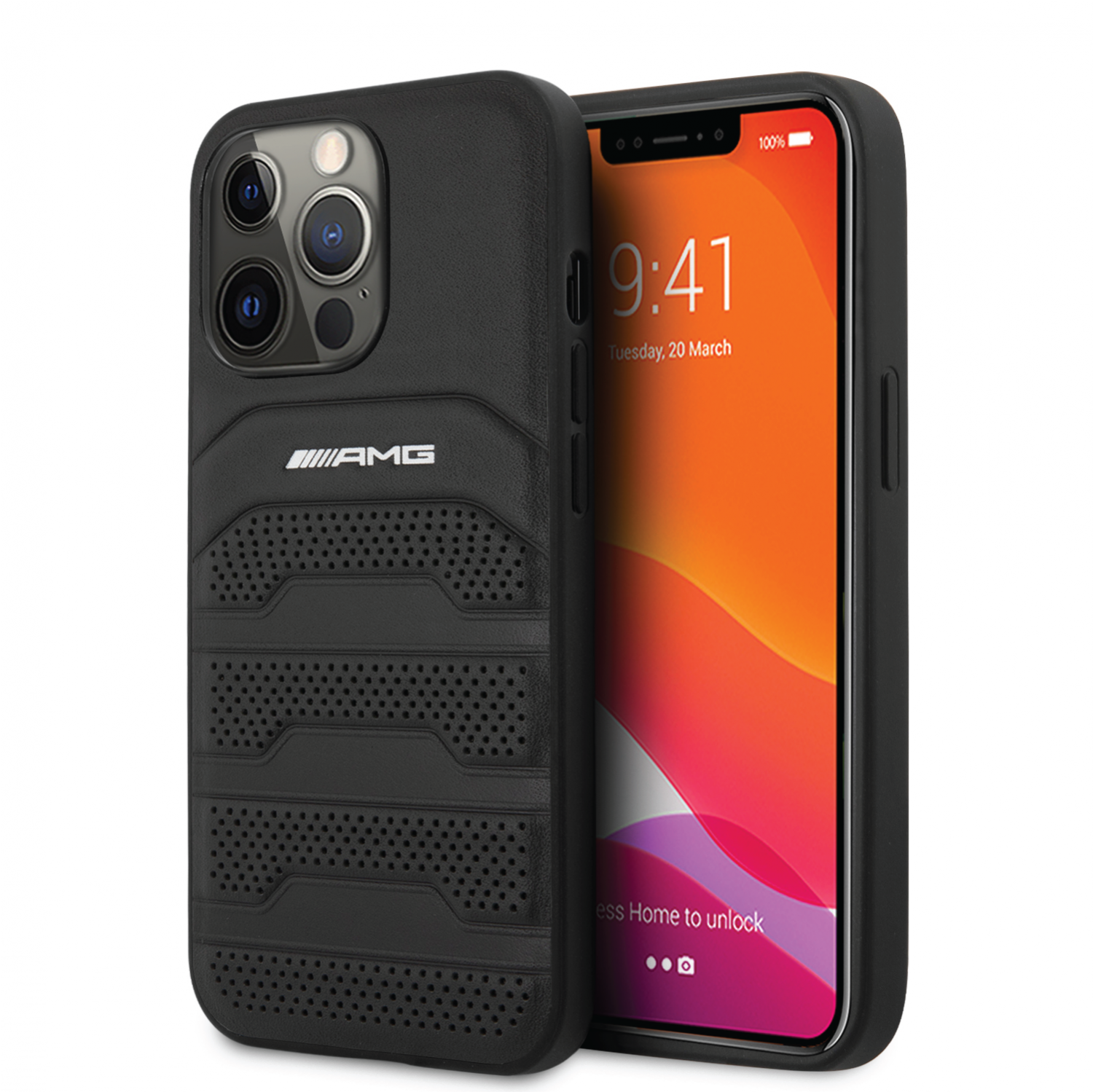 AMG Genuine Leather Case With Perforated Black Leather Debossed Lines Hot Stamped White Logo For iPhone 14 Pro -