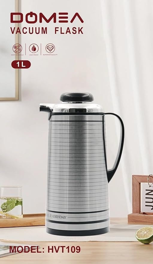 DOMEA Stainless Steel Vacuum Flask, Heat Insulated Thermos, Keep 24 Hour Cold, 12 Hour Hot, Leak Proof, For Tea, Coffee & Water Serving | For Indoor, Camping, Parties & Functions, 1 L, Silver