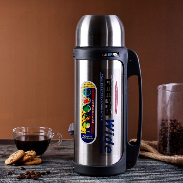 Geepas Vacuum Flask, 1.5L | Stainless Steel Vacuum Bottle Keep Hot & Cold Antibacterial Topper & Cup - Perfect For Outdoor Sports, Fitness, Camping, Hiking, Office, School