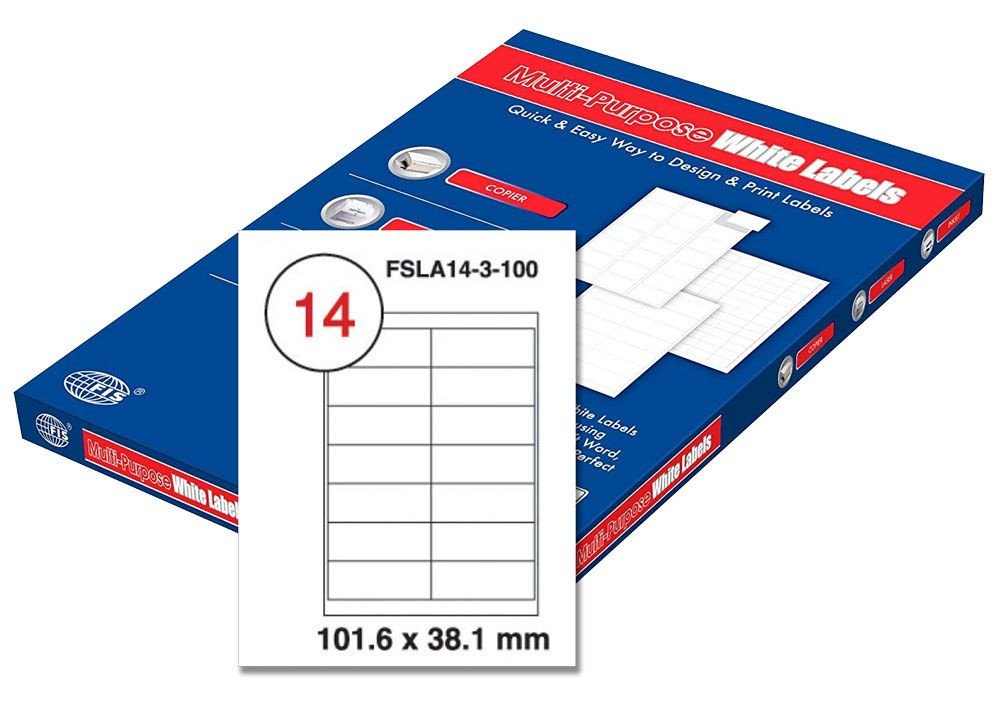FIS Multipurpose Laser Labels, Colour White, Size 101.6X38.1MM, (14 Sticker x 100 Sheet) A4 Size, E.U. Origin Material - FSLA14-3-100