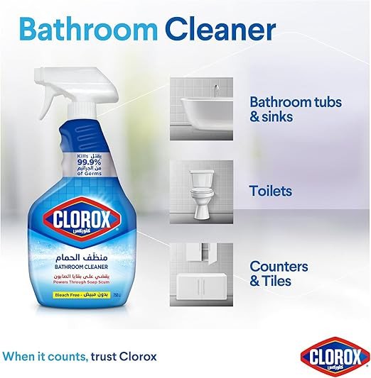 Clorox Bathroom Spray Cleaner, Bleach Free, 750ml, Kills 99.9% Of Germs, Powers Through Soap Scum, Bleach Free