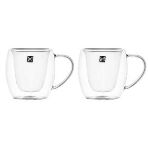 Royalford Bars 2Pc Double Wall Mug Set - Borosilicate Glass - Clear - 250 ML