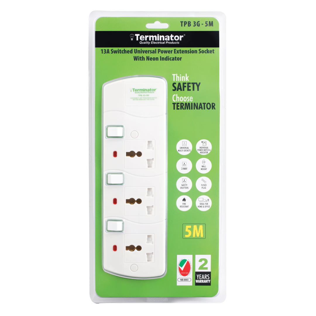 3 Way Universal Power Extension Socket With 13A 5M Cable