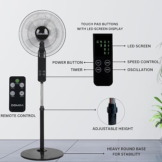 DOMEA Stand Fan 16 Inches, 5 Leaf ABS Blade, LED Display, Remote Control & Timer, Adjustable Height & Tilt, Ideal For Room, Office, Apartment Use, Silent Powerful Oscillating Cooling Fan, 60 W