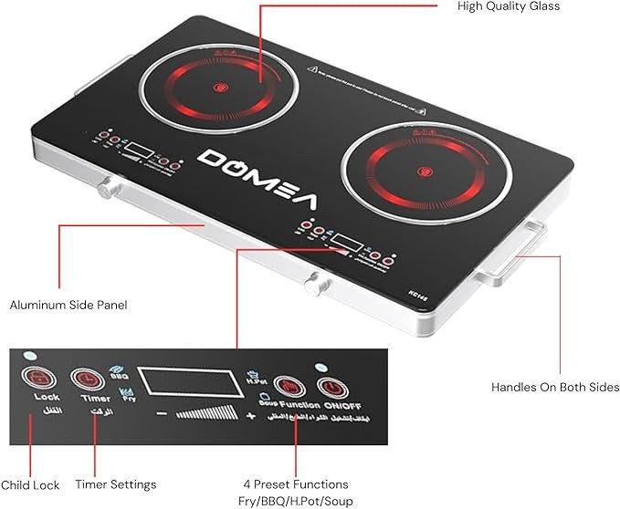 DOMEA Infrared Cooktop, 2 Burner With 4 Preset Functions | A-Grade Micro Crystal Panel With Easy Touch Digital Display, For Fast & Precise Cooking, All Cookwares | Child Safety Lock, 1800W+1800W Power