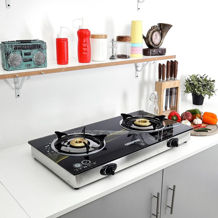 2-Burner Gas Hob - Size 70 Mm & 90 Mm - Attractive Design, 8mm Tempered Glass Worktop - Automatic Ignition, 2 Heating Zones 4.5Kw| Stainless Steel Frame | 2 Years Warranty