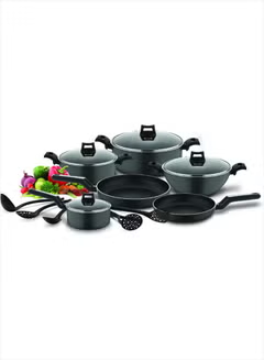 15-Piece Non-Stick ,Cookware Set, (2 Fry Pans, 2 Casseroles, Saucepan, Kadai, 4 Lids & 5 Spatulas,) with 5 Layer PTFE ,Non-Stick Spray Coating, BXSGS15BME Black 7.69kg,