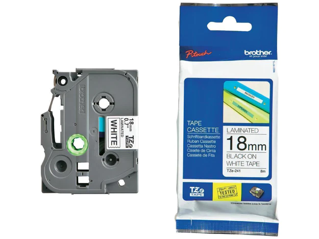 Brother P-touch 18mm TZ-241 Laminated Tape, 8 m, Black on White