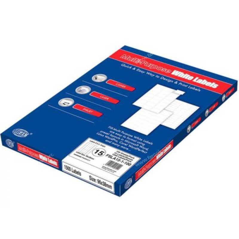 FIS Multipurpose Laser Labels, Colour White, Size 96X38MM, (15 Sticker x 100 Sheet) A4 Size, E.U. Origin Material - FSLA15-1-100