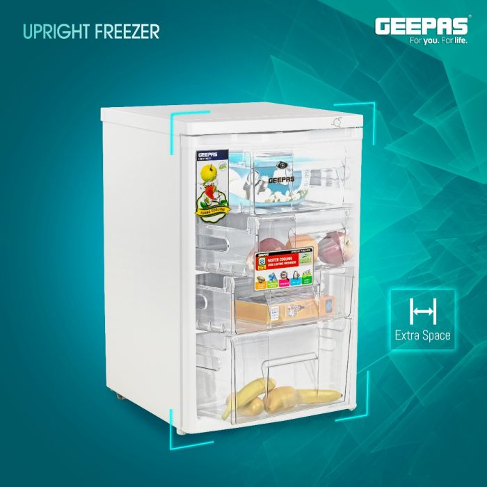 Geepas GRFU1206 Upright Freezer- No Fan, Portable 3 Star 4 Crystal Freezer Drawer, Compact Recessed Handle & Adjustable Thermostat | Ideal For Retailers, Home, Bachelor's, Medical Shops & More