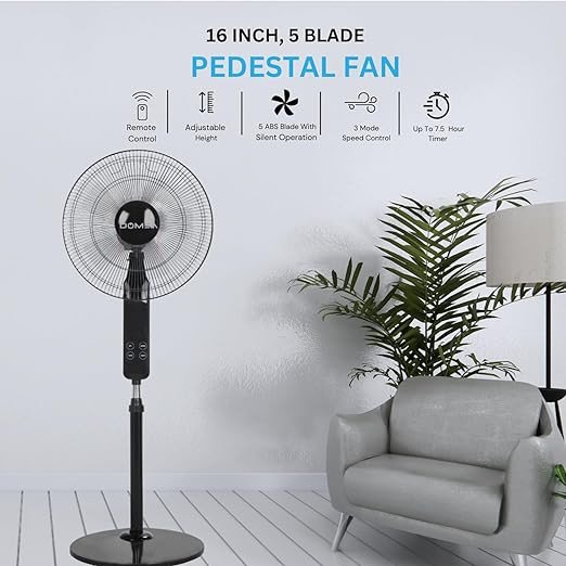 DOMEA Stand Fan 16 Inches, 5 Leaf ABS Blade, LED Display, Remote Control & Timer, Adjustable Height & Tilt, Ideal For Room, Office, Apartment Use, Silent Powerful Oscillating Cooling Fan, 60 W