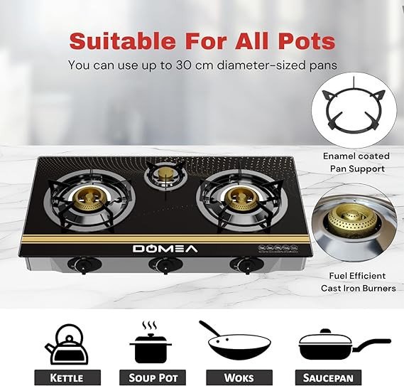 DOMEA Gas Burner With Auto Ignition | 3 Burners Stove With Convenient Pot Holders, Tempered Glass Top, Cast Iron Burner| Perfect For Home, Apartments, Parties | Table Top, Portable