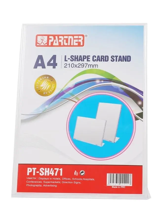 Partner A4 Vertical L Shape Card Stand Clear
